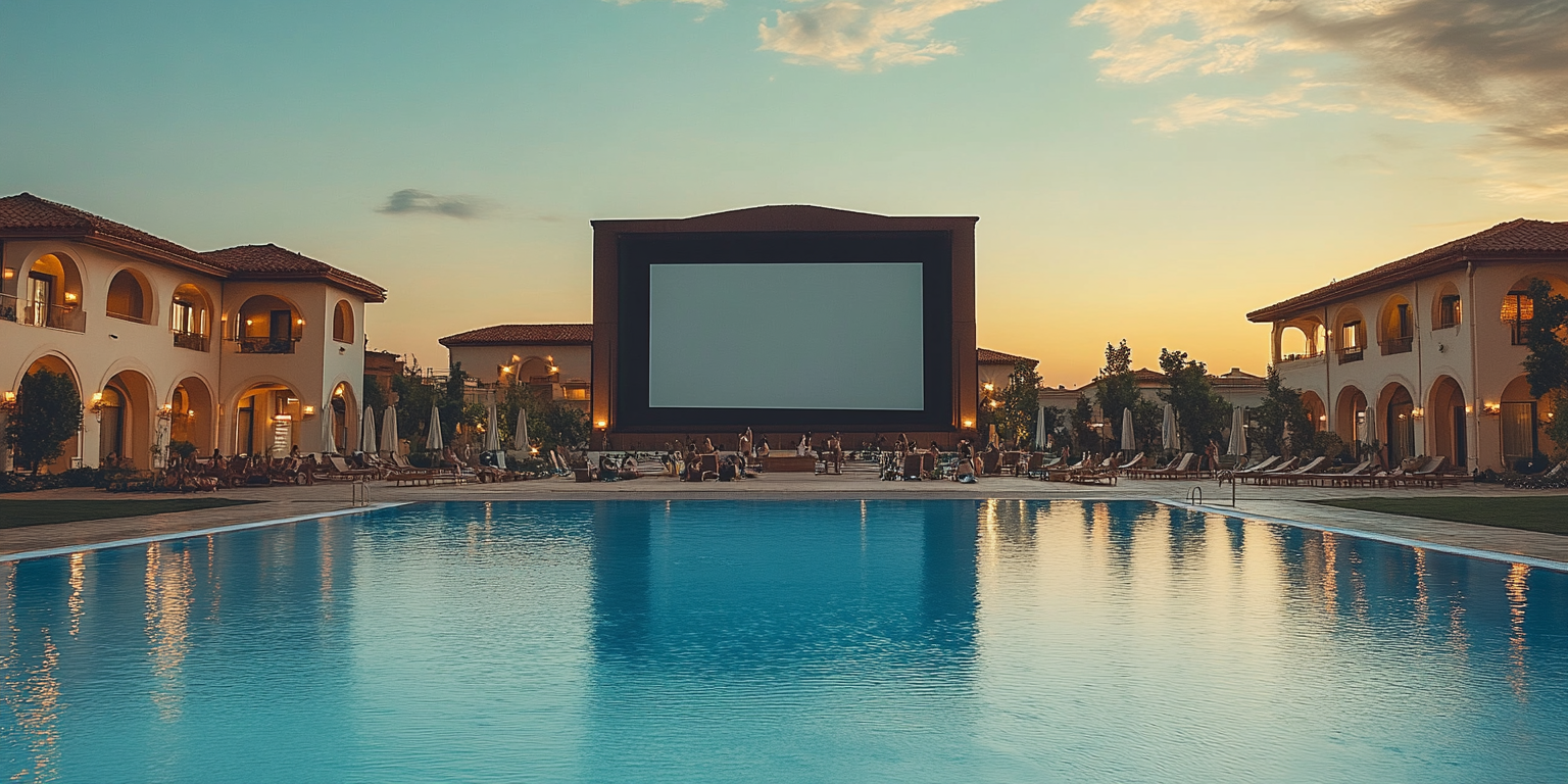 Luxury open air movie theatre by pool.