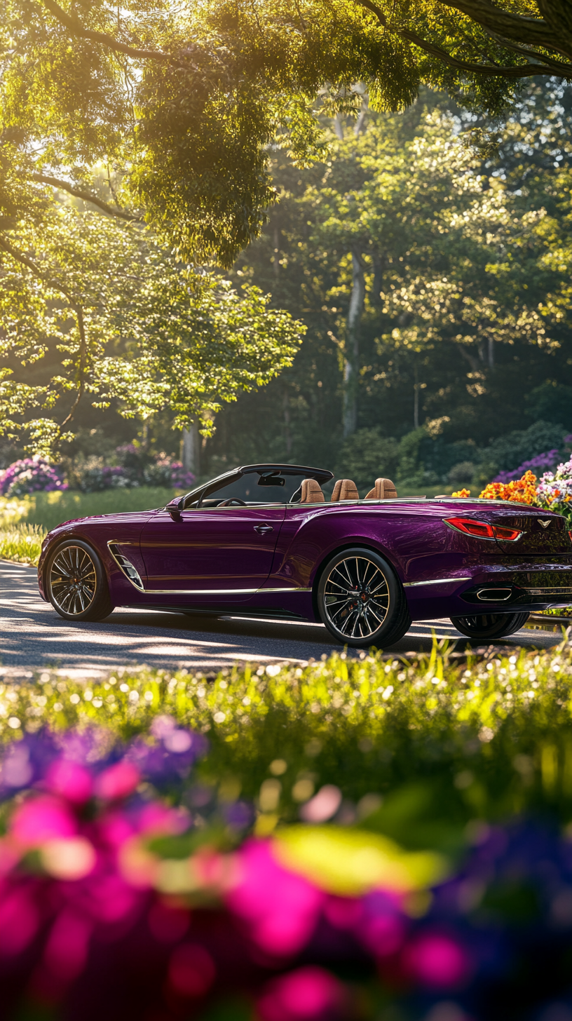 Luxury purple car in spring garden, photorealistic view.