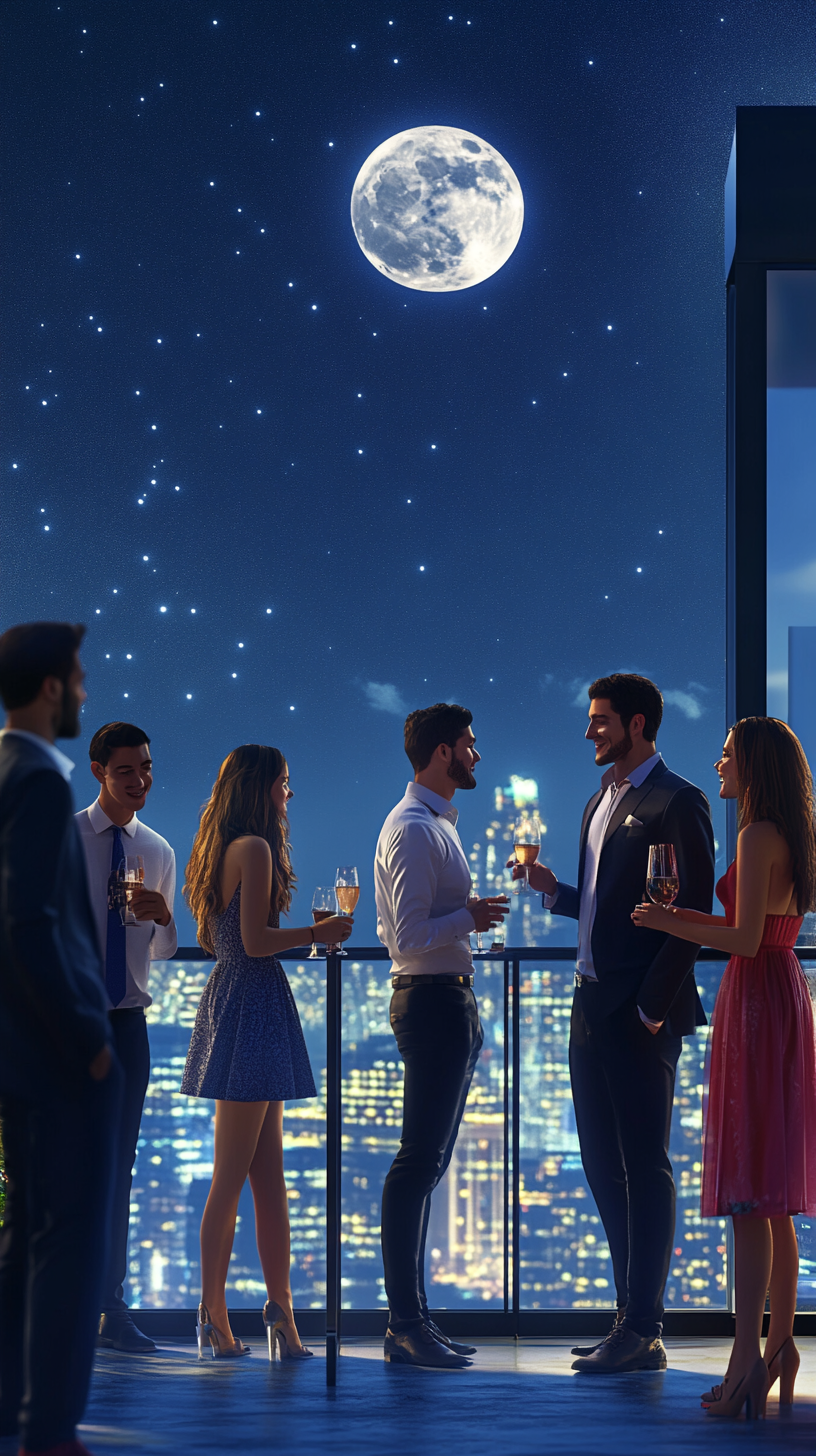 Luxury rooftop party with young adults, cityscape view, moonlit night.