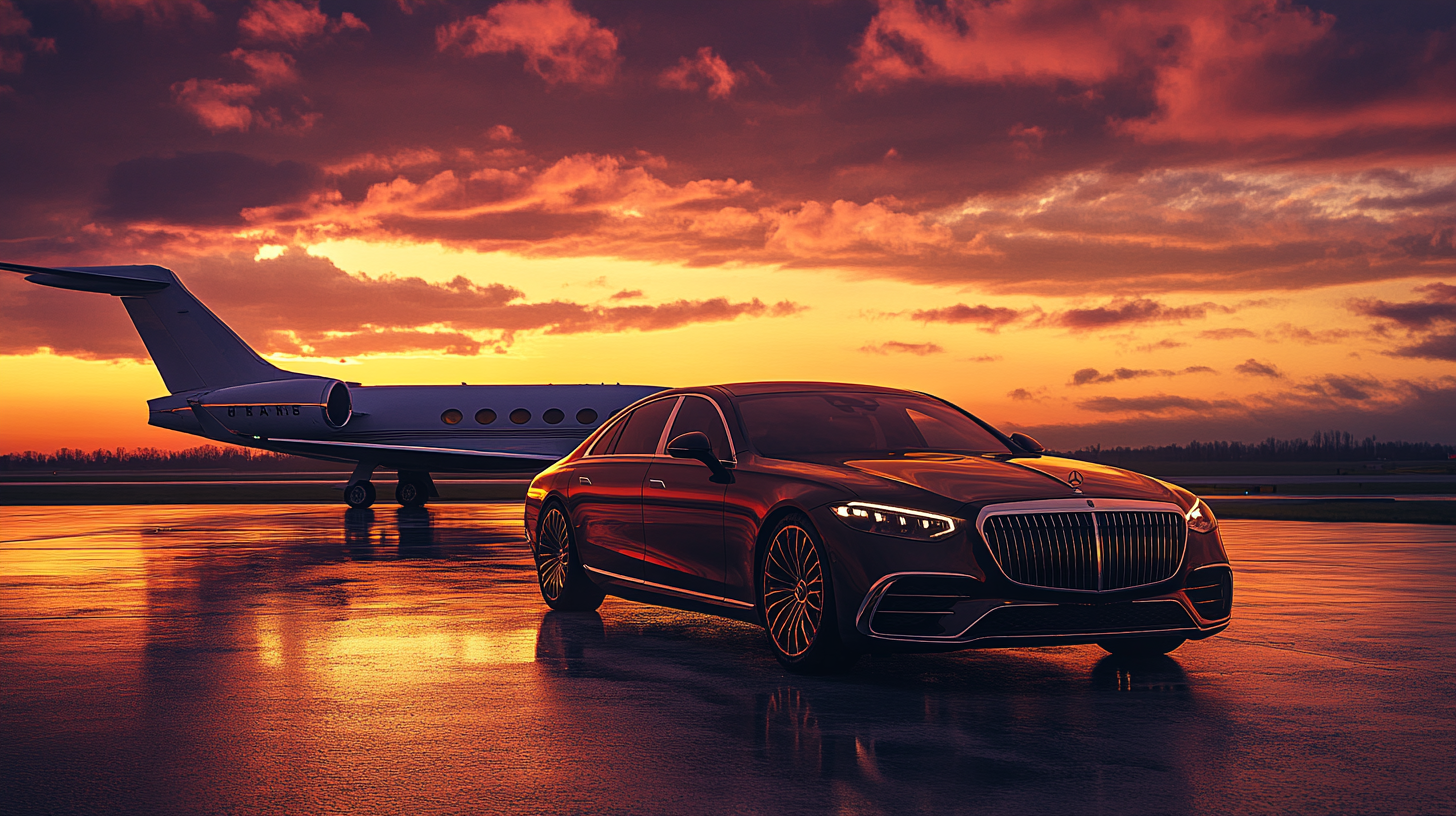 Luxury sedan in foreground, private jet in background.