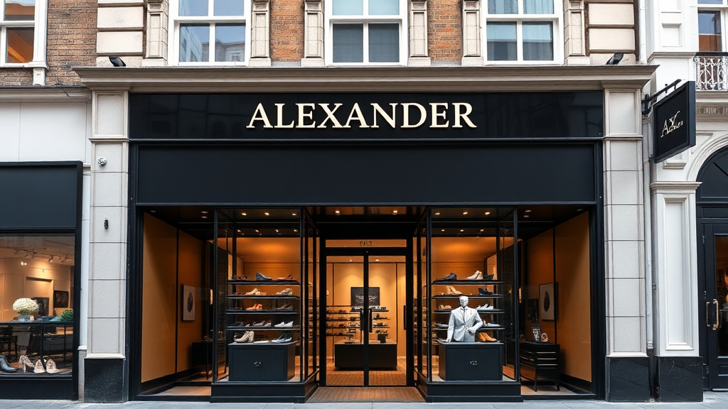 Luxury shoe store called Alexander on London's main street.