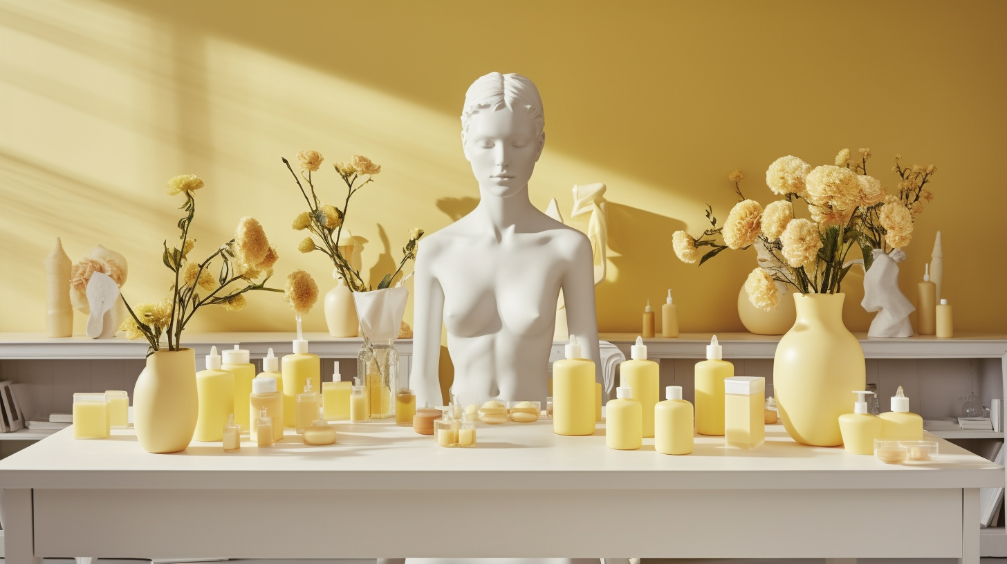 Luxury skincare lab with yellow décor and beakers.