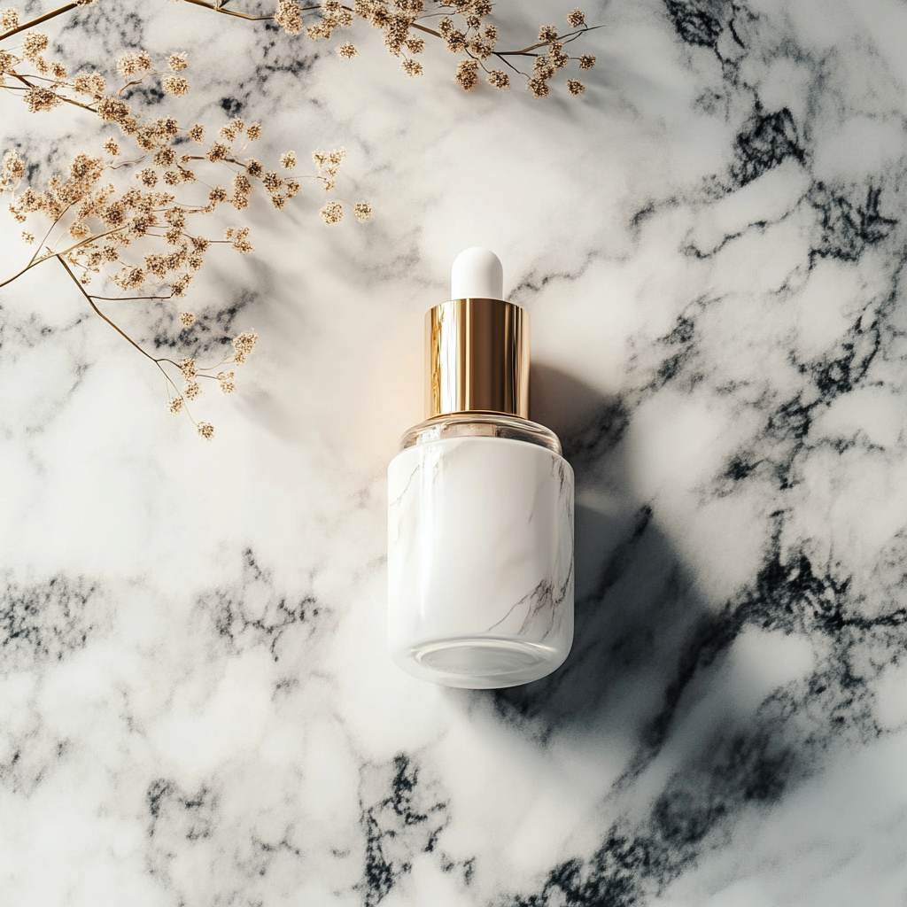 Luxury skincare product with gold on marble counter