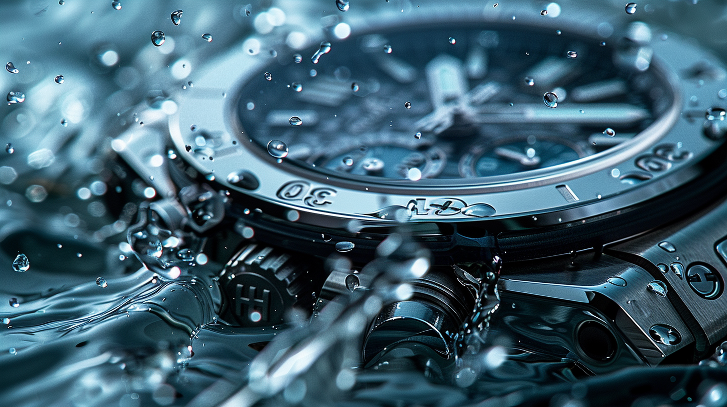 Luxury watch dissolves into water droplets dramatically.