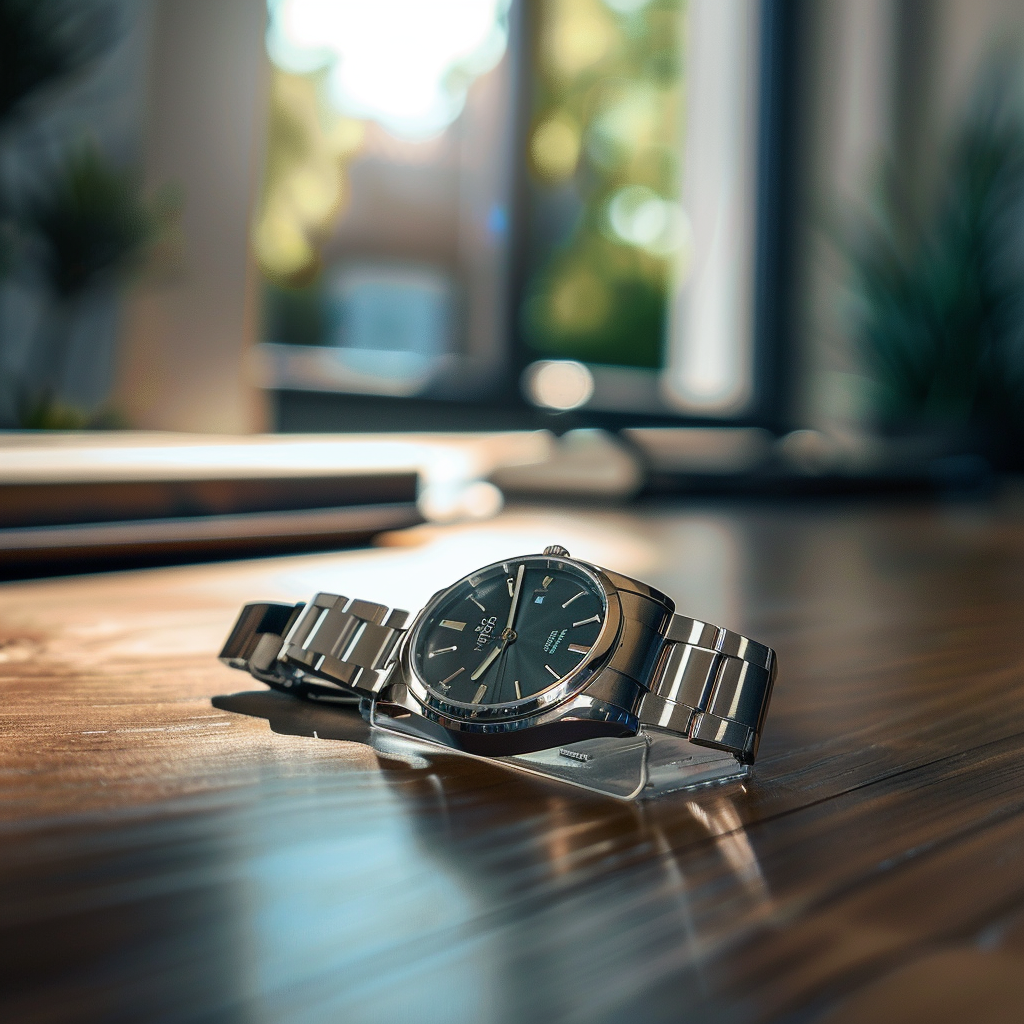 Luxury wristwatch on desk with elegant lighting, shadows. Canon EOS.