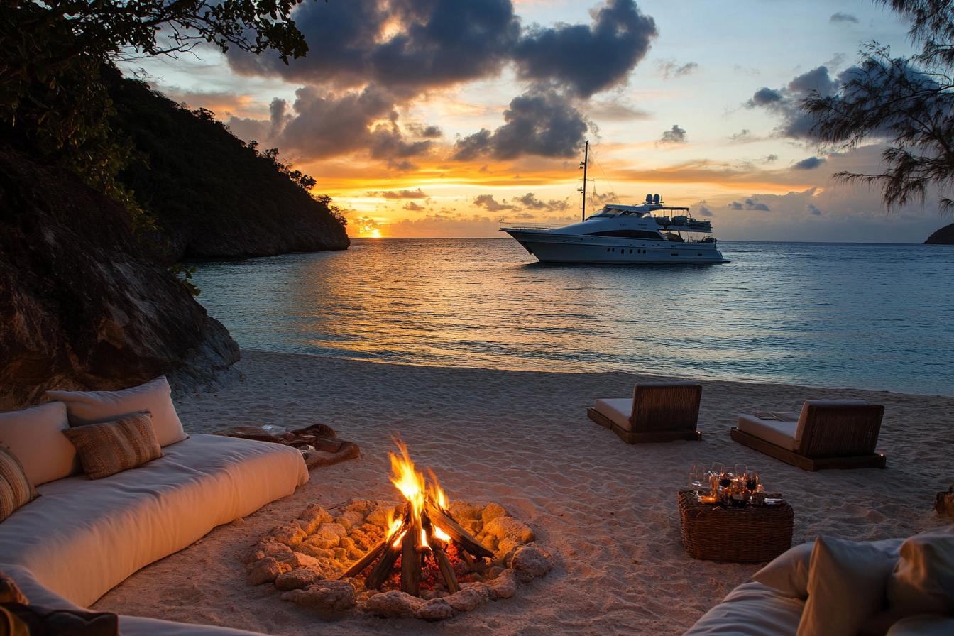 Luxury yacht anchored in golden hour light.