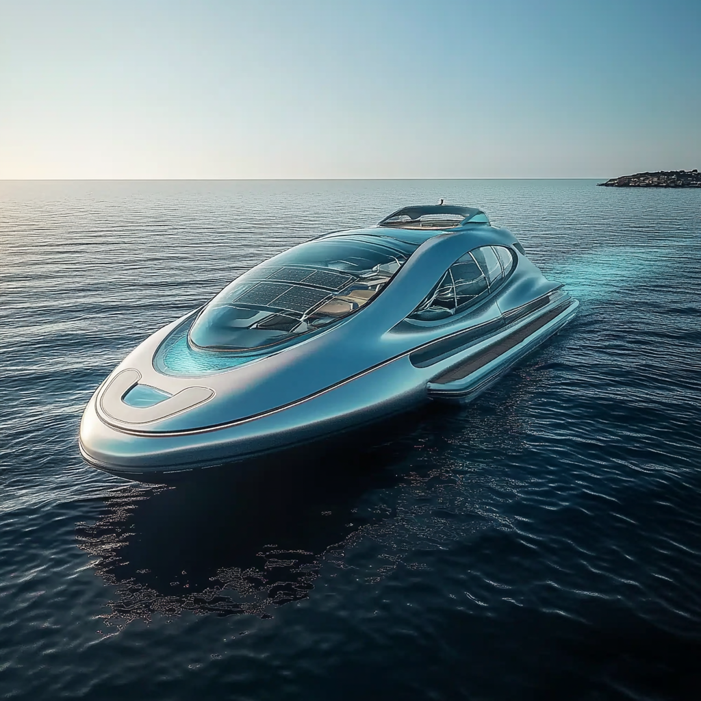 Luxury yacht in 2040 on blue waters with pool