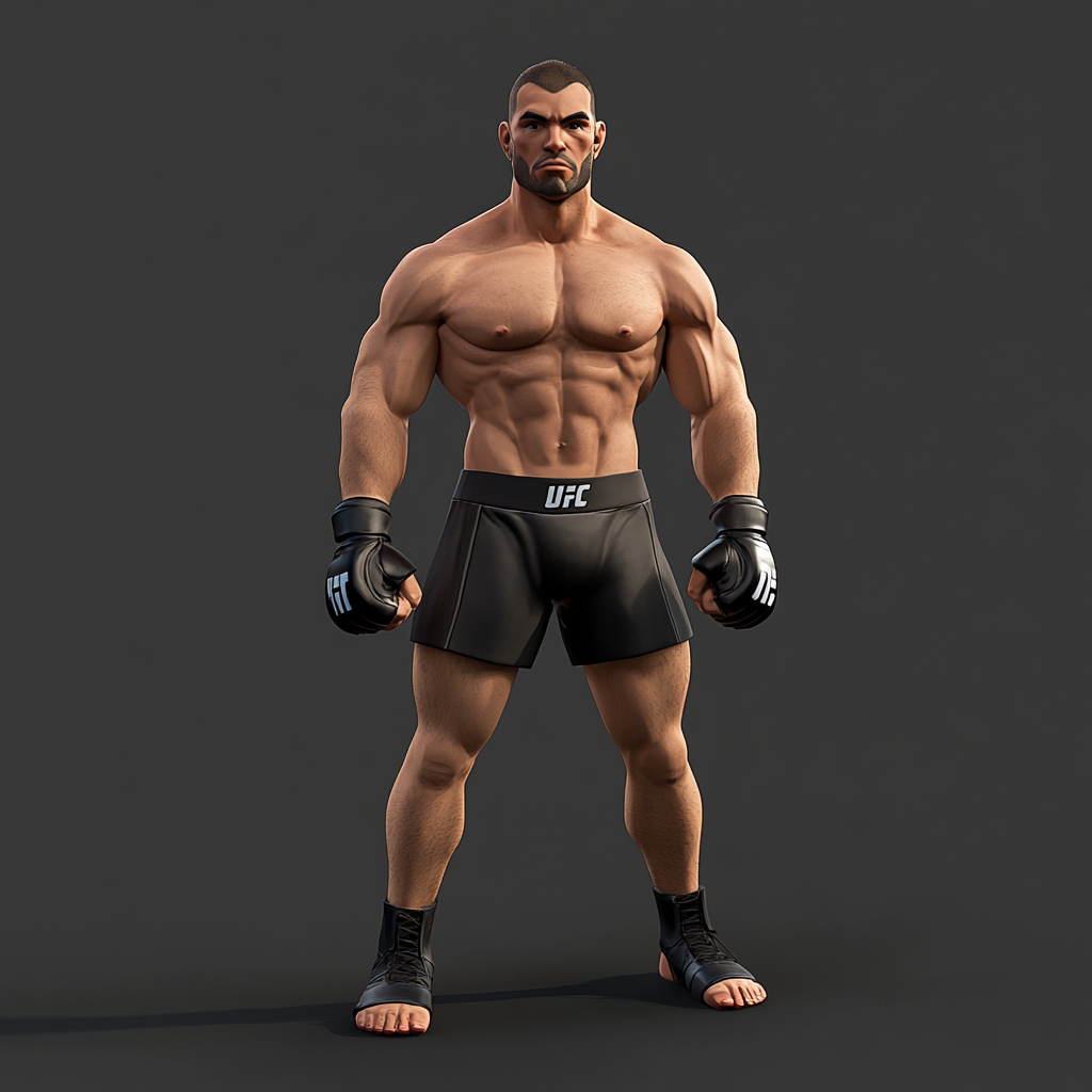 MMA fighter in black shorts and gloves, stylized graphics.