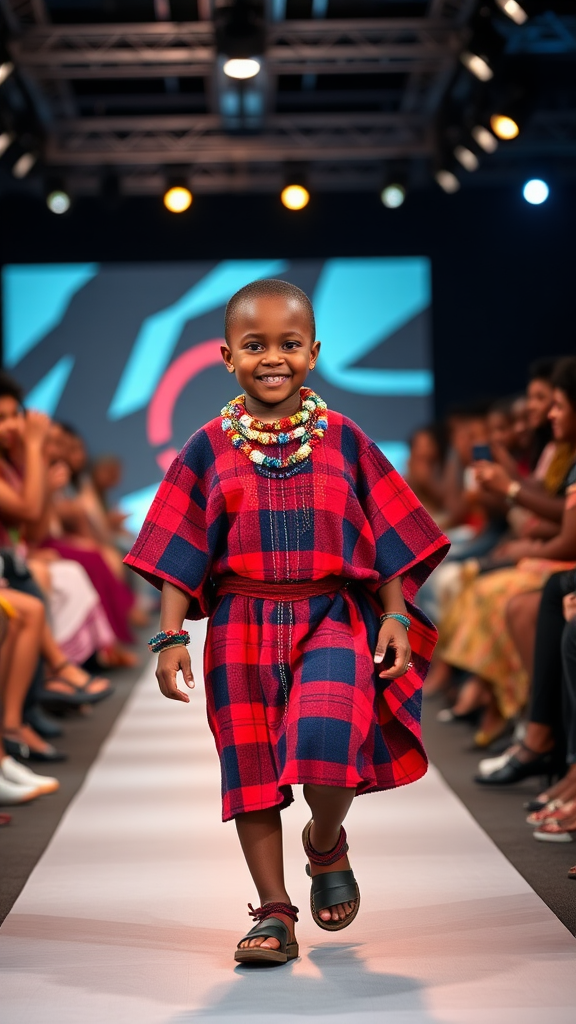 Maasai Boy Struts Confidently in Vibrant Traditional Attire.