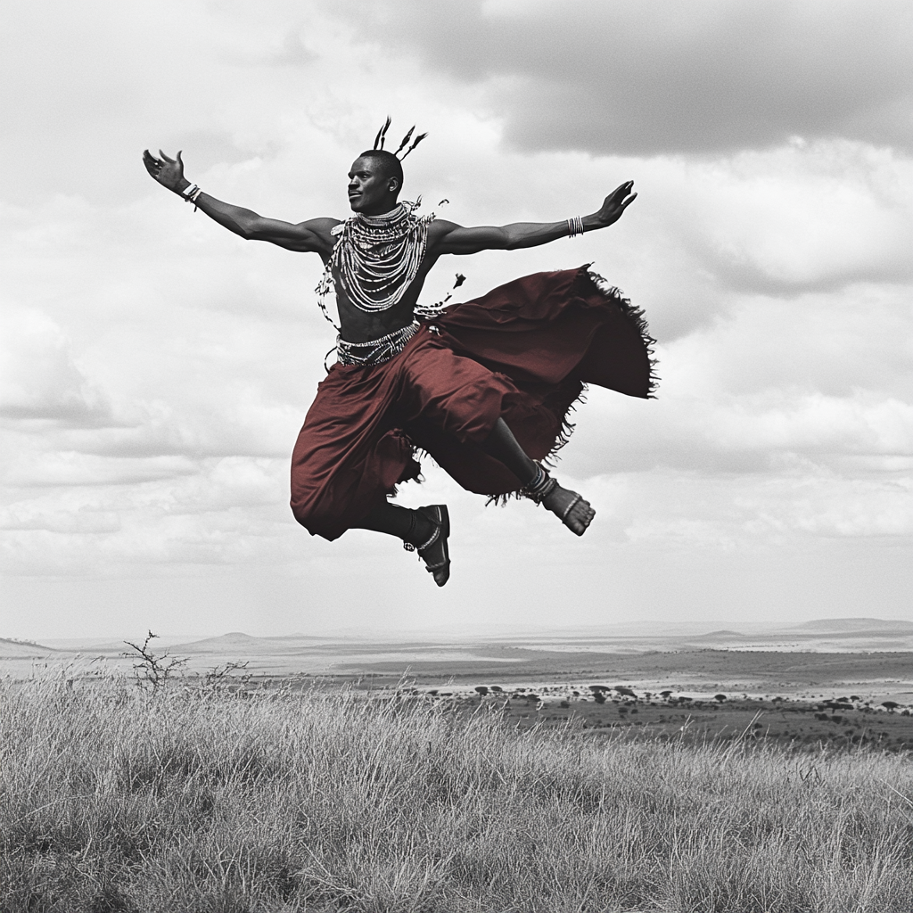 Maasai tribe skilled in traditional dance jumping high.