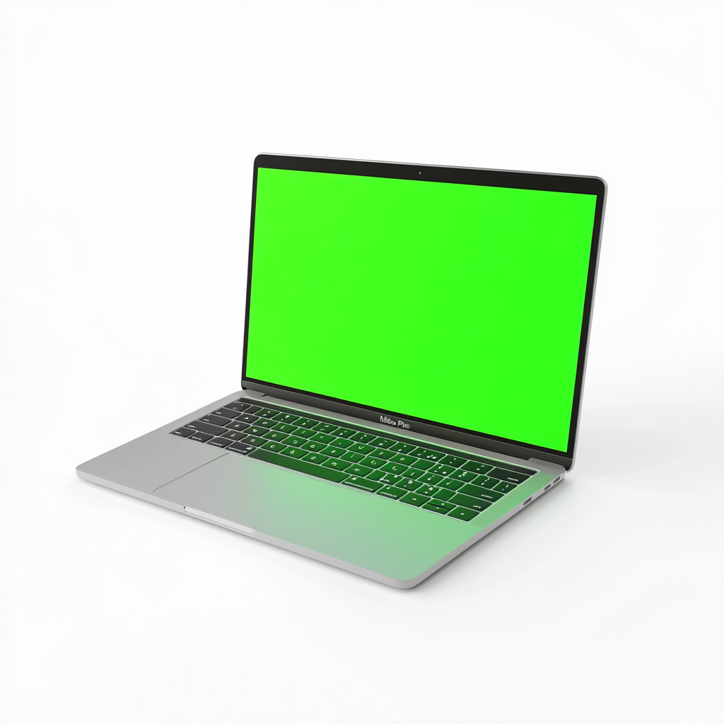 MacBook Pro with bright green screen on white background.