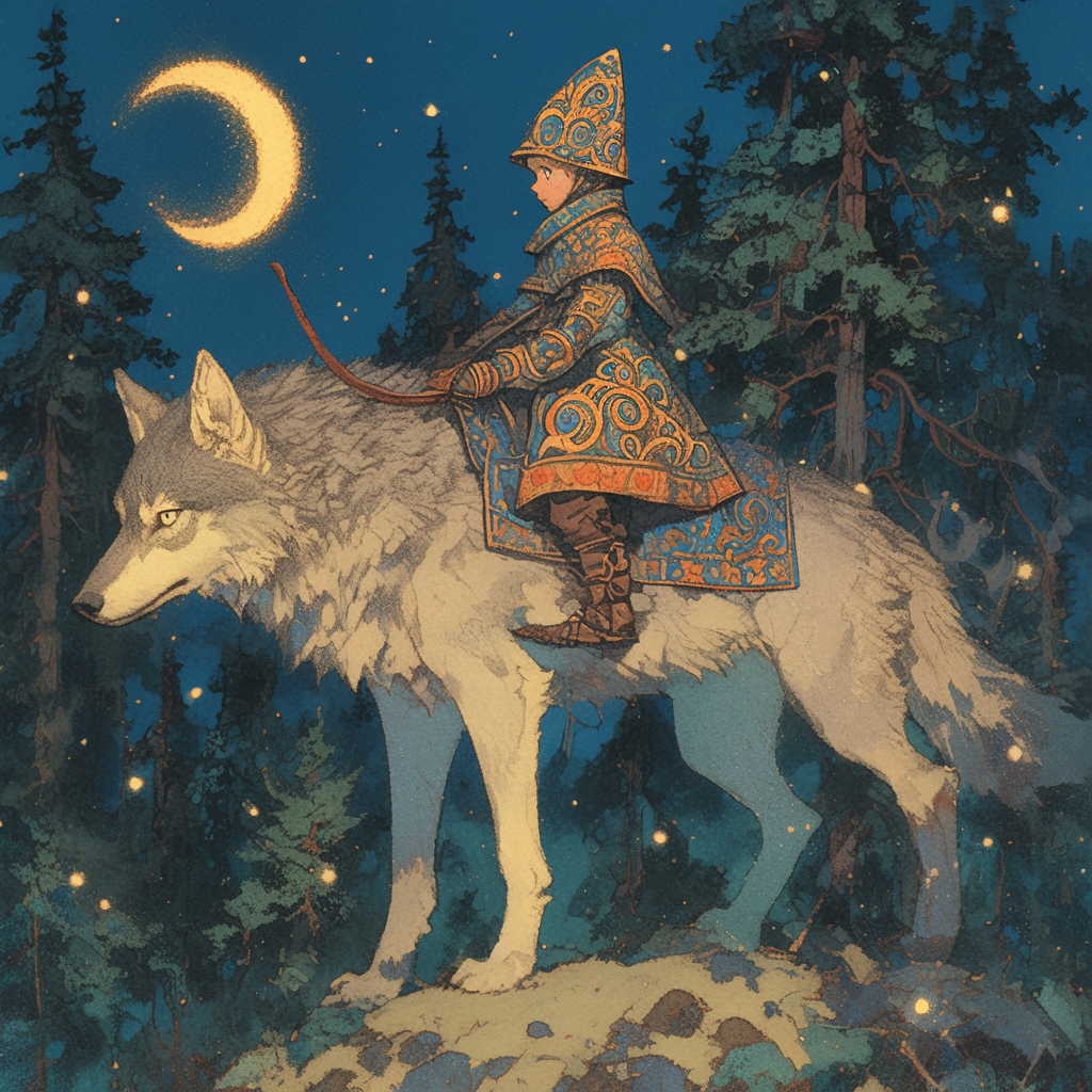 Macabre illustration of boy riding wolf in forest.