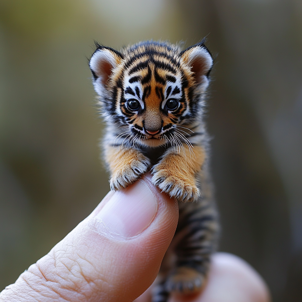 Macro photo of tiny tiger on human finger.