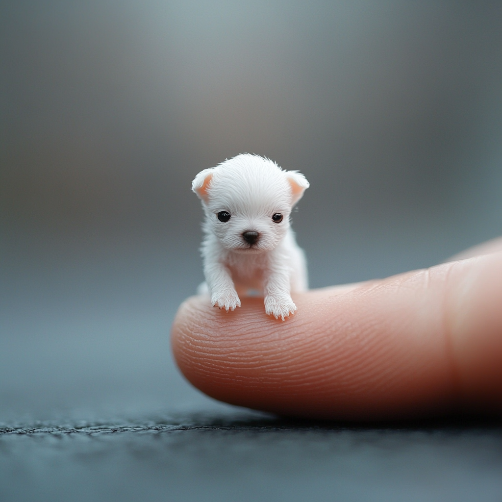 Macro photo of tiny white boxer dog on finger.