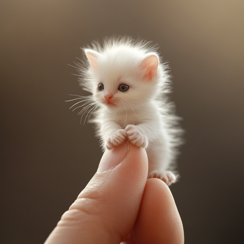 Macro photo of tiny white ragdoll kitten walking on finger.