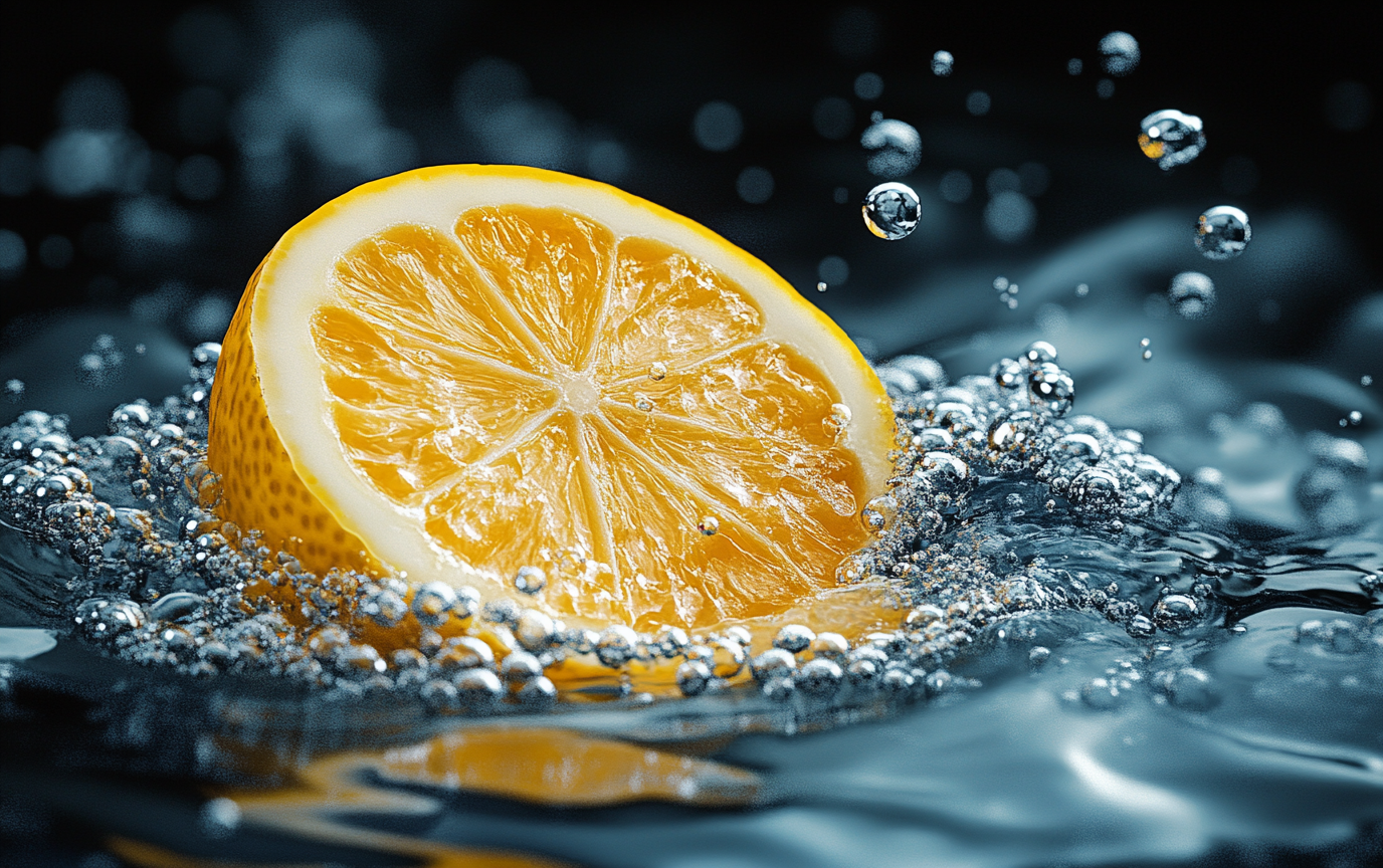 Macro-shot of lemon slice in sparkling water, high-detail contrast.