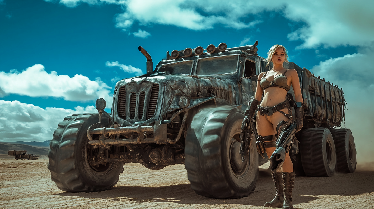 Mad Max style cinematic film still, Furiosa female.