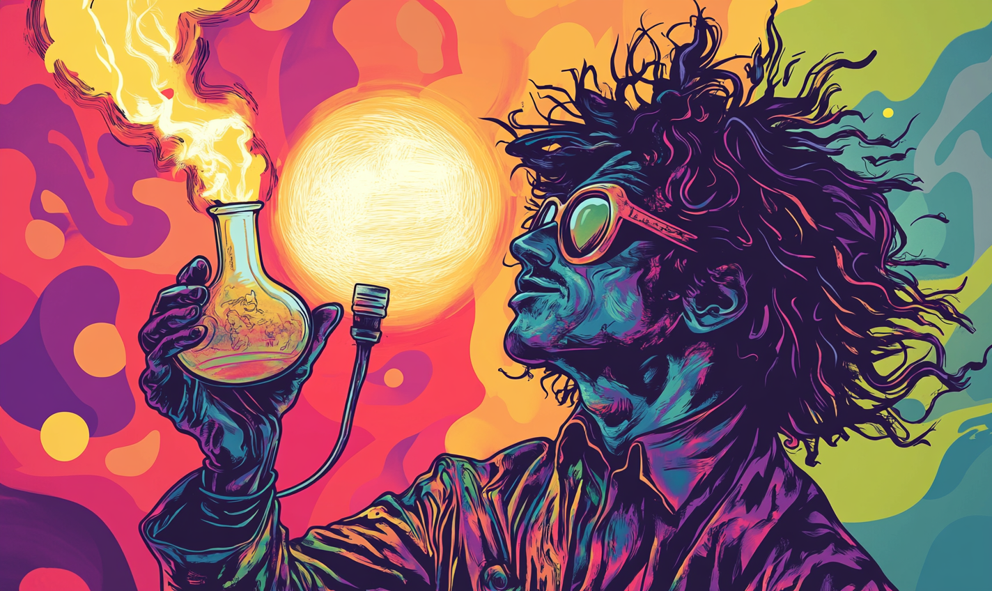 Mad scientist in sunglasses conducts colorful experiment in lab.