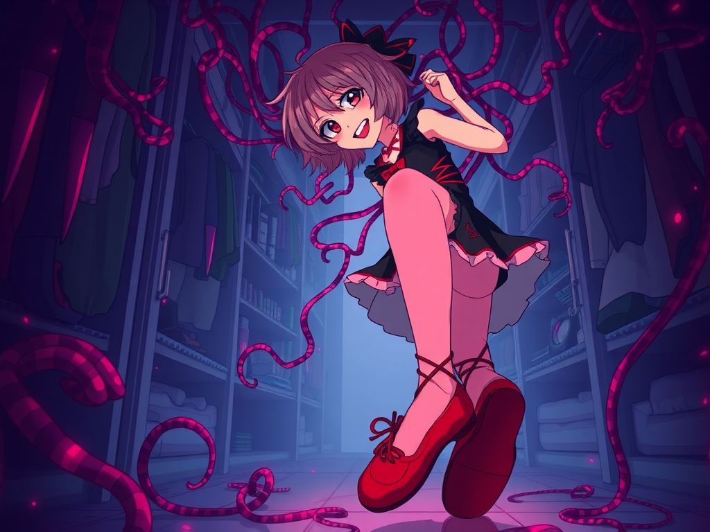 Madoka Kaname possessed by ghostly ballet flat shoes in closet.