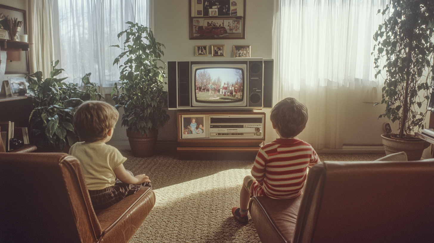 Magazine with suburban home living room, midcentury furniture, kids watching TV, and natural lighting.