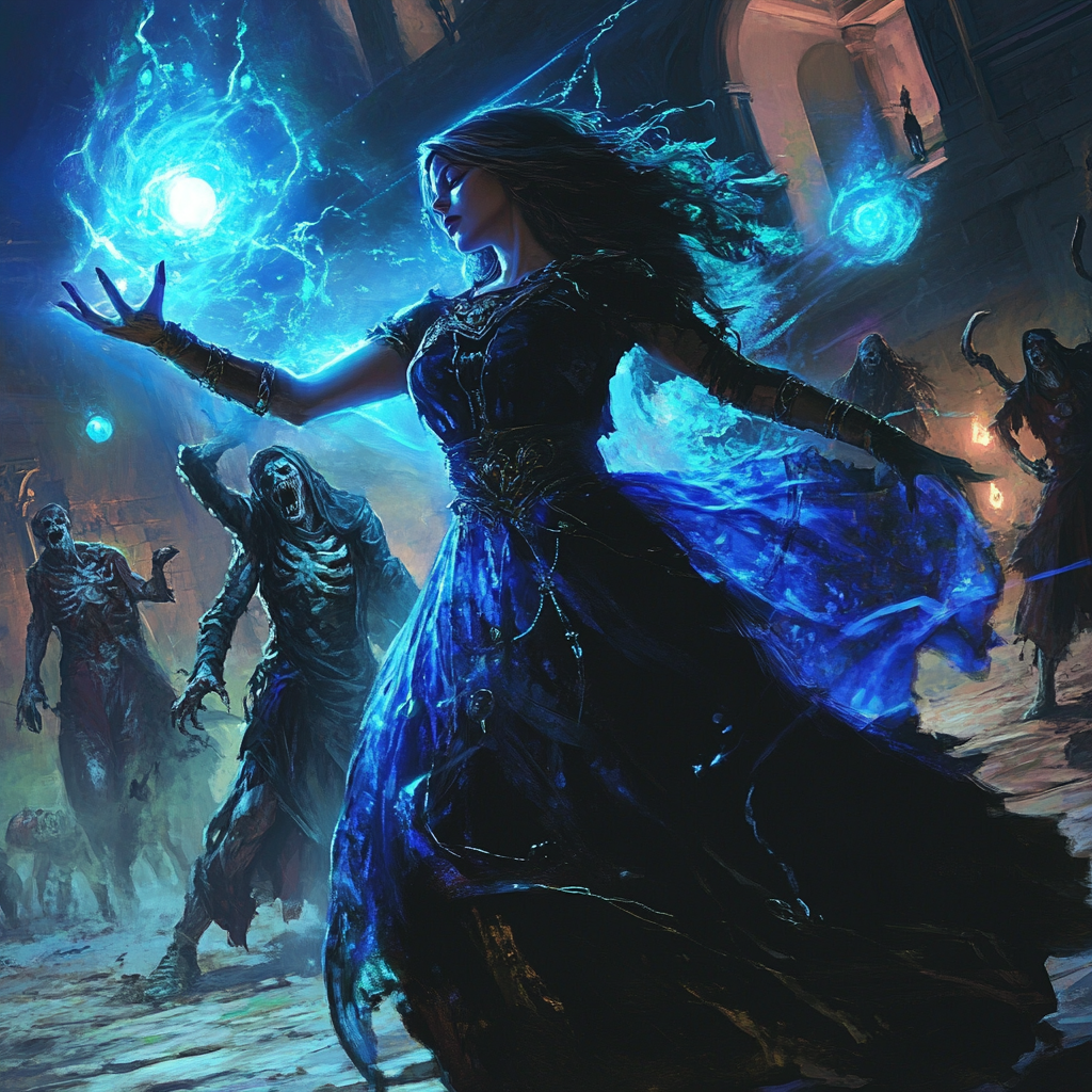 Mage banishing sorcerer with zombies in background at dawn.