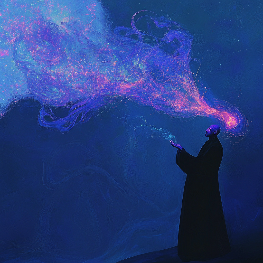 Mage conjures primordial spirit in blue and purple smoke.