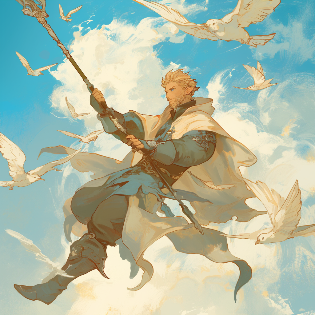 Mage man with staff in sky with birds.