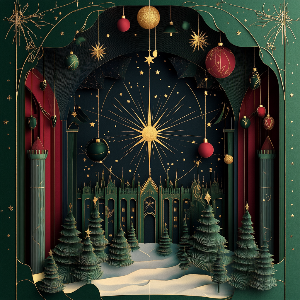 Magical Christmas scene in paper-cut-out design.