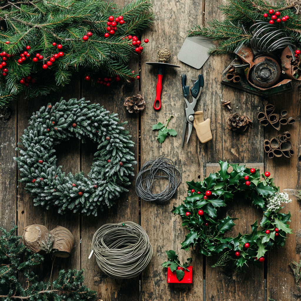 Magical Christmas wreath making workbench with festive decorations.