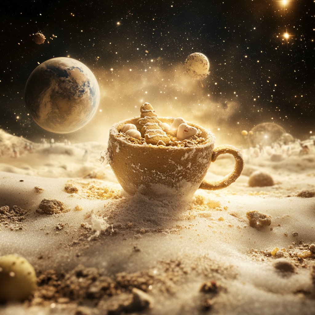 Magical Gingerbread Cup on Moon with Christmas Sweets