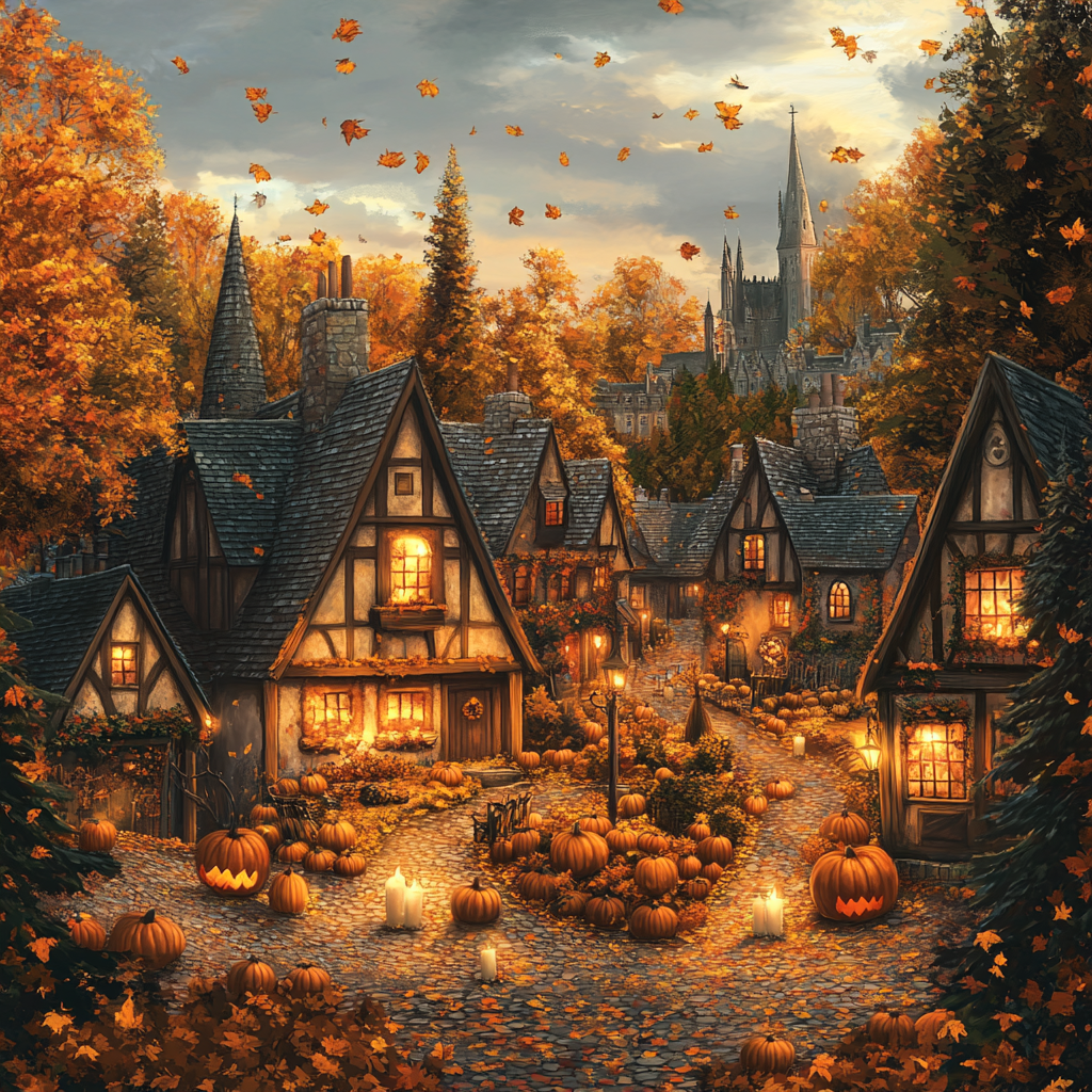 Magical Harry Potter autumn scene with pumpkin patches and wizards.