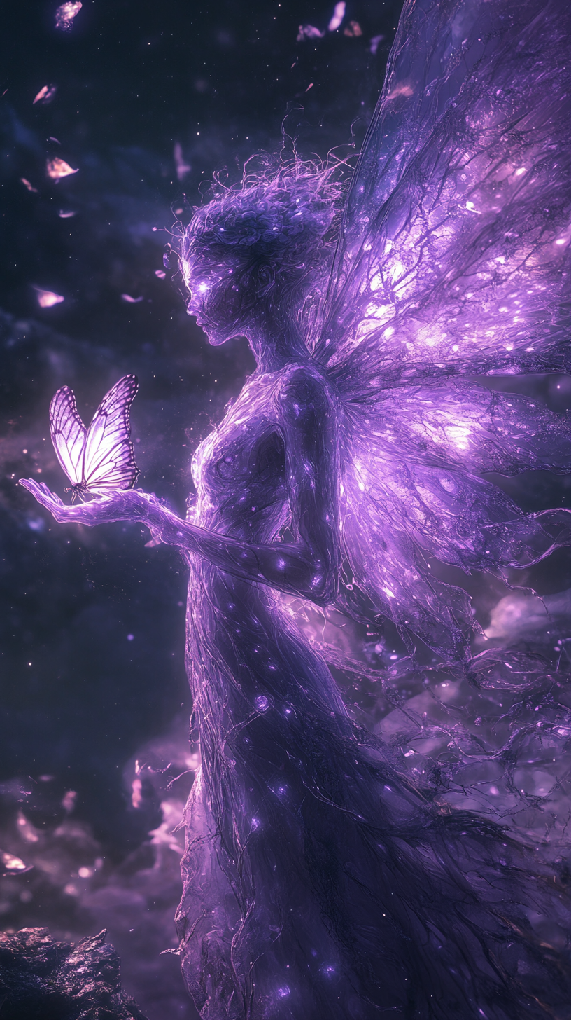 Magical Purple Figure Playing with Glowing Butterfly