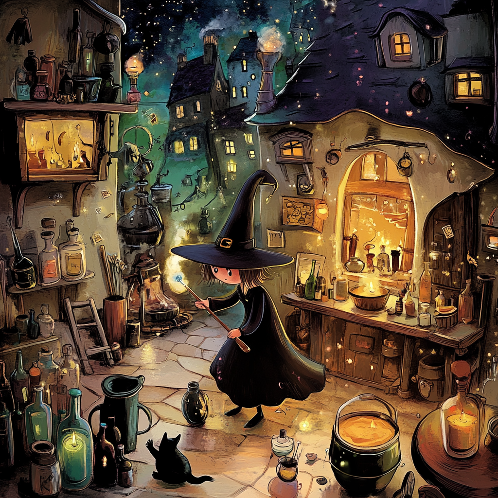 Magical Witch Mixing Potions in Enchanted House