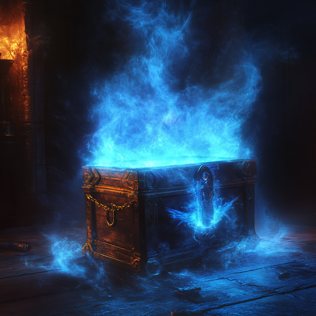 Magical chest with blue light reveals unknown powers.