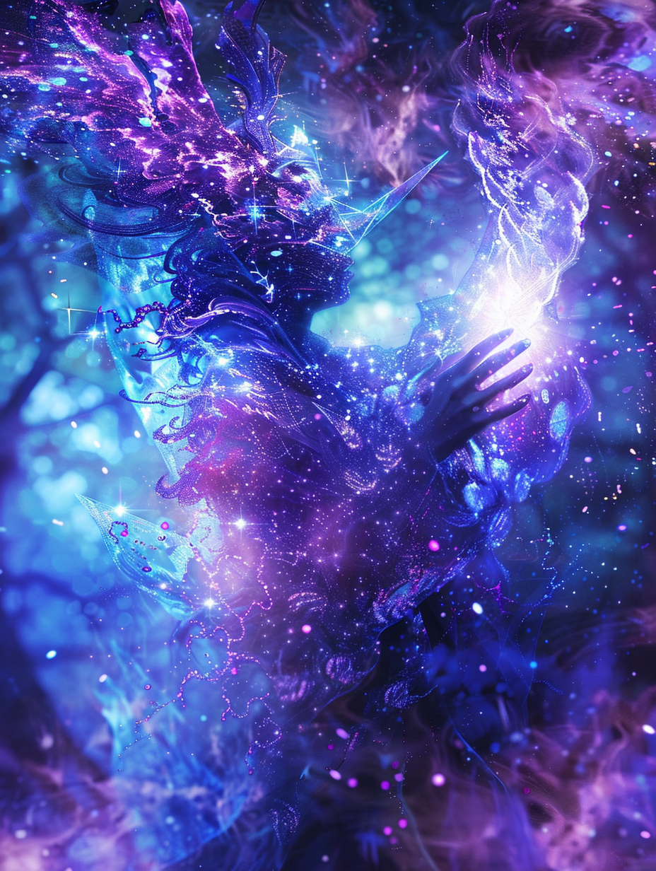 Magical forest spirit creates dazzling fire in galaxy.