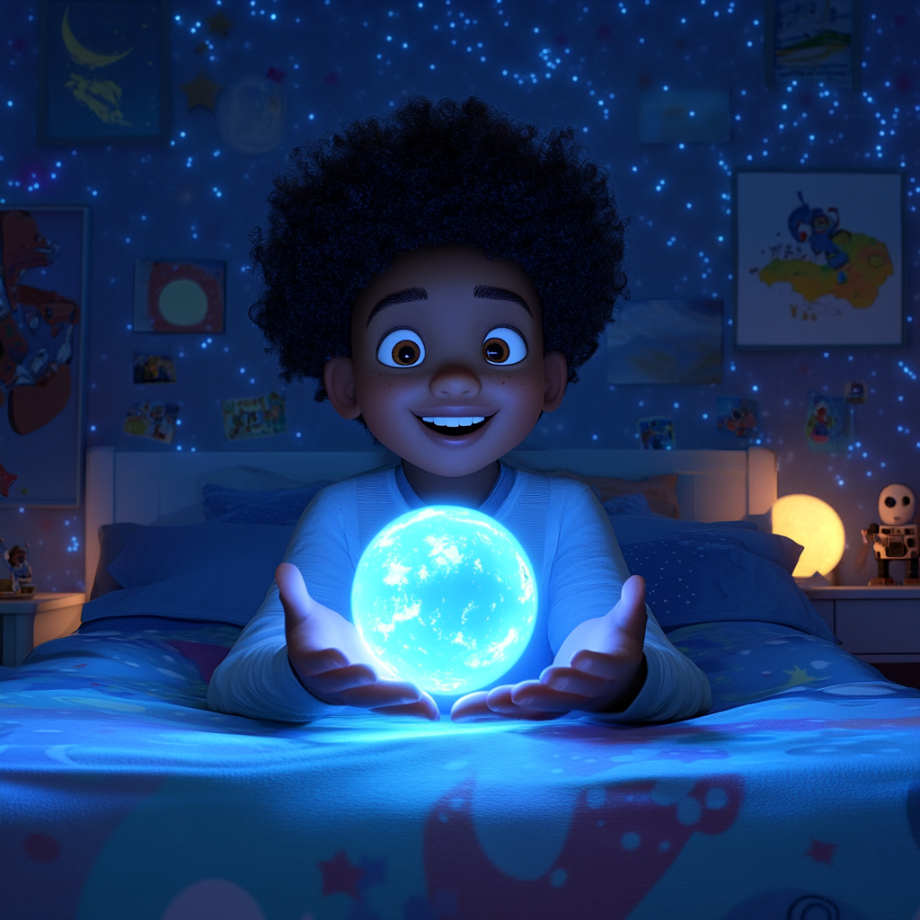 Magical moment: Boy with glowing blue sphere