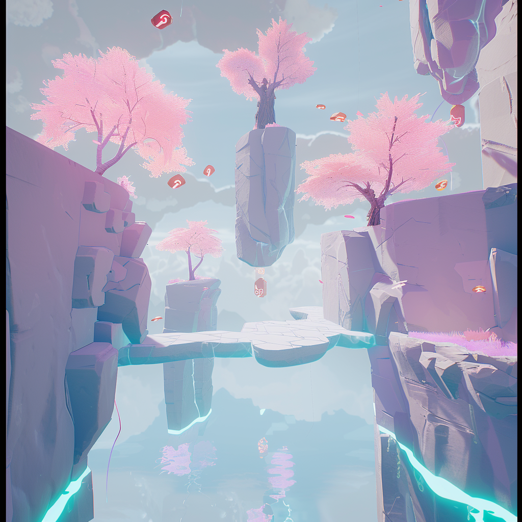 Magical open world videogame with pink and blue