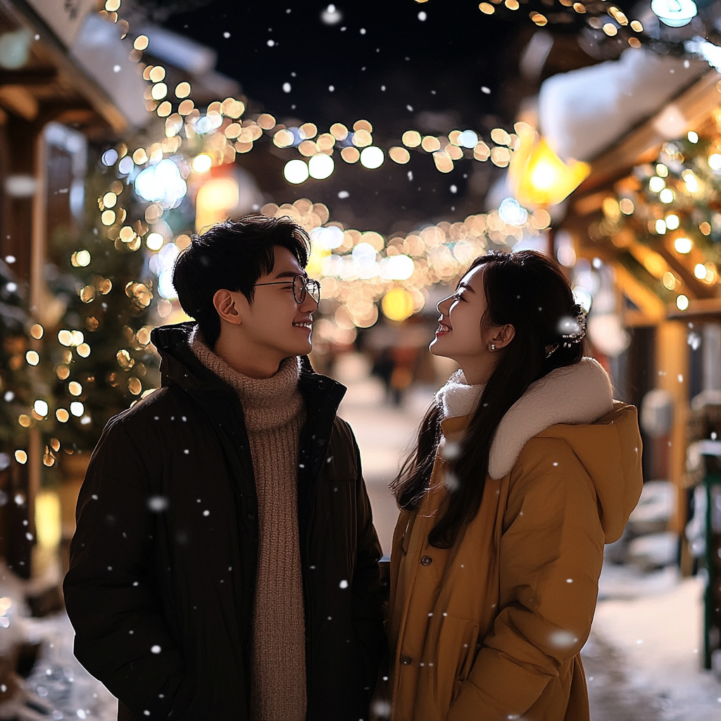 Magical snowy night in European-style town