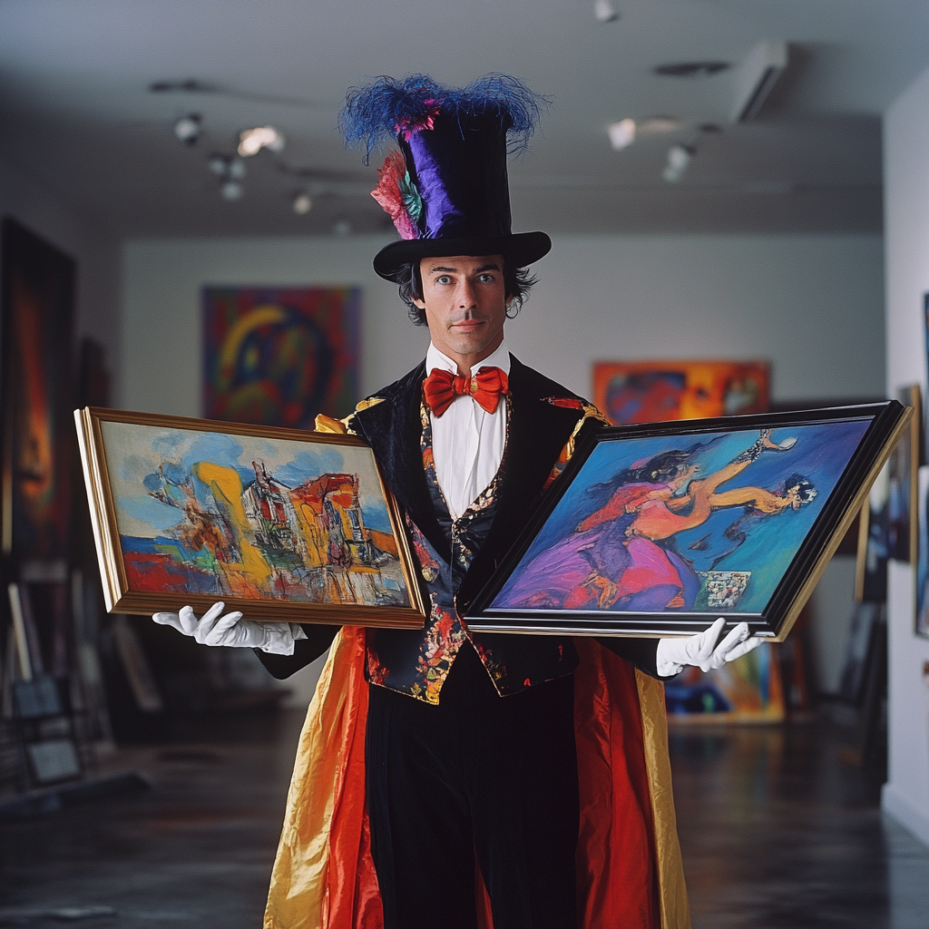 Magician in vintage clothes pulls paintings out of hat.