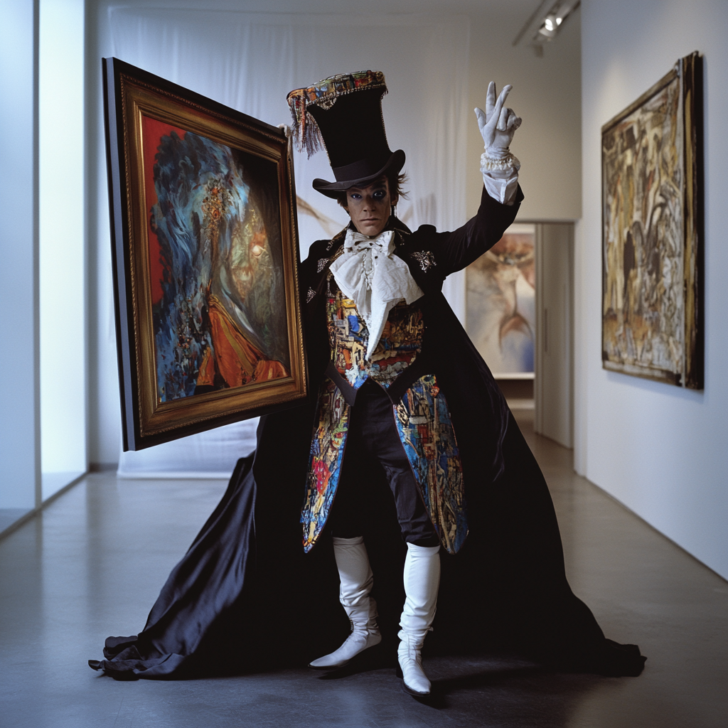 Magician in vintage costume pulls painting from top hat.