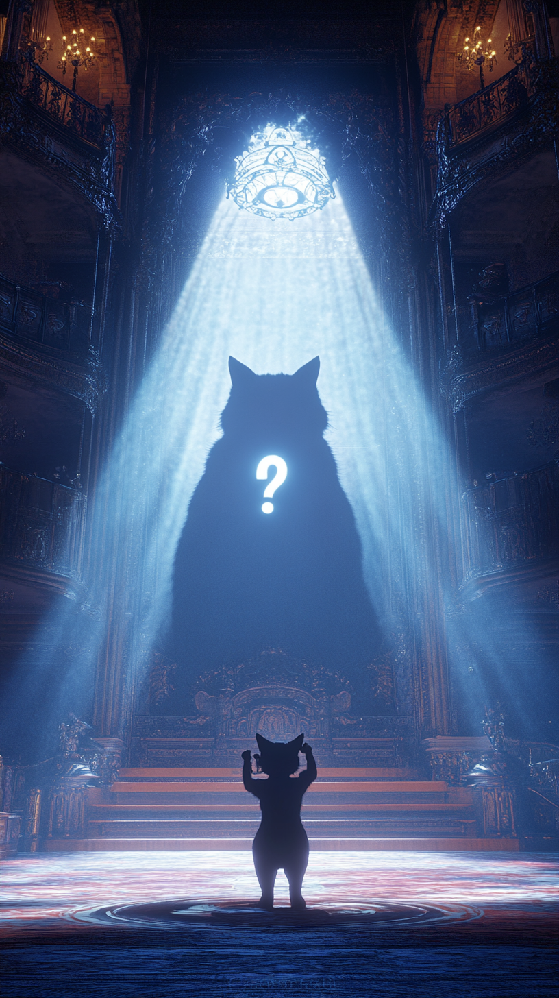 Magnificent stage with bright spotlights, huge cat holds microphone.