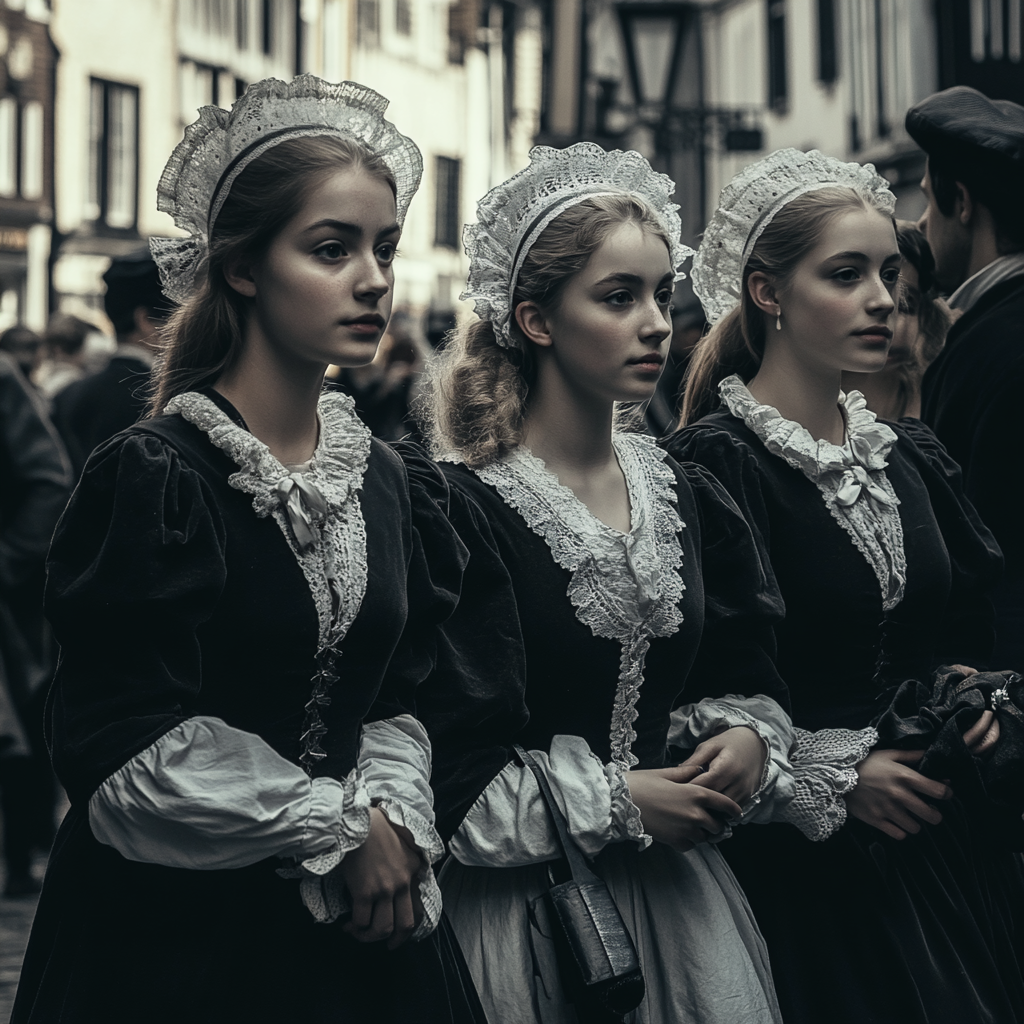 Maid girls walking through crowded London street.