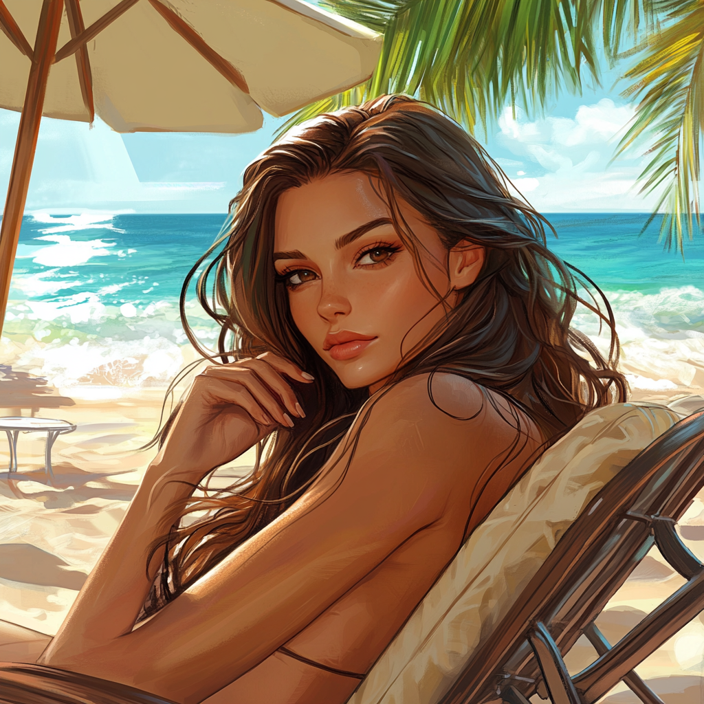 Main female character with long hair, dark eyes. Beach scene.