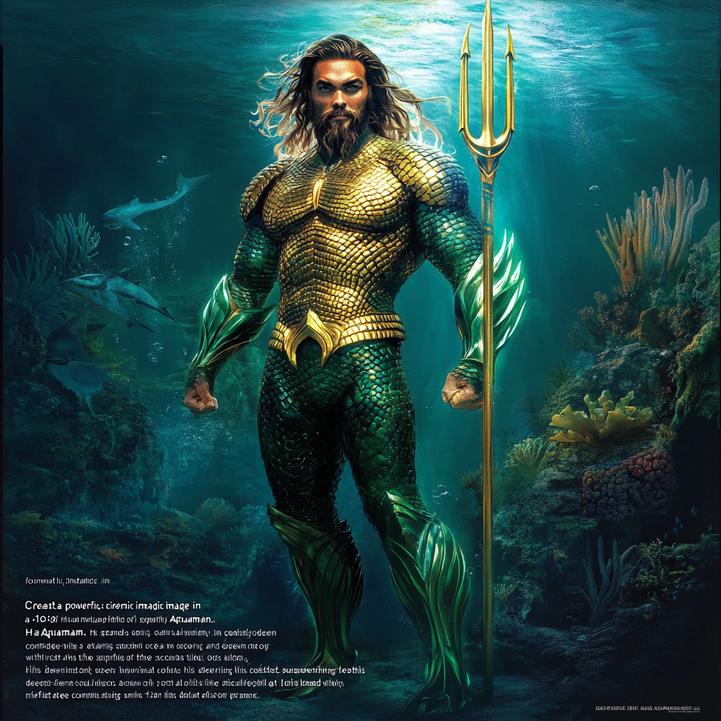 Majestic Aquaman superhero in ocean kingdom with glowing trident.