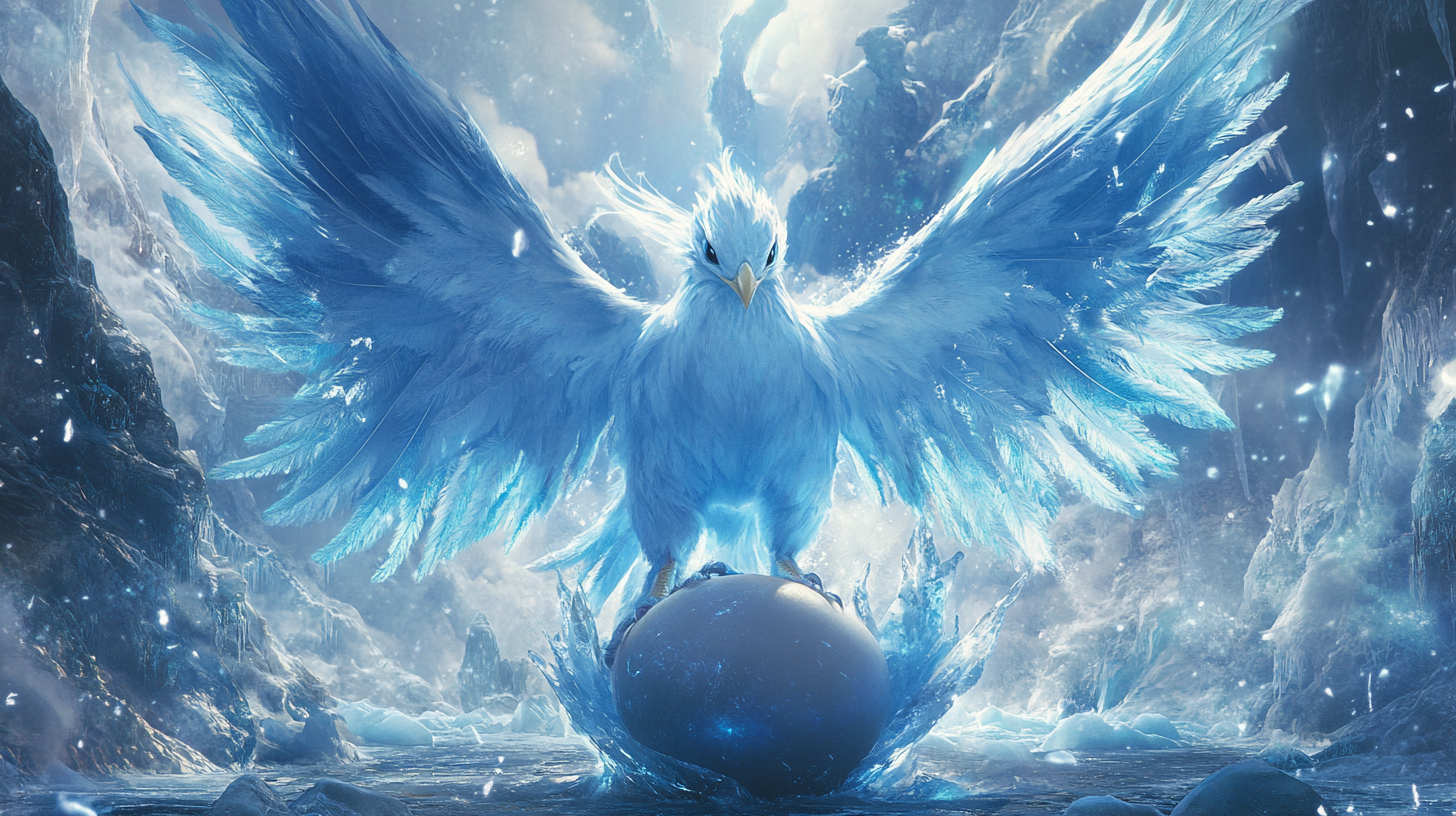 Majestic Articuno emerges from frosty egg on ice wallpaper.