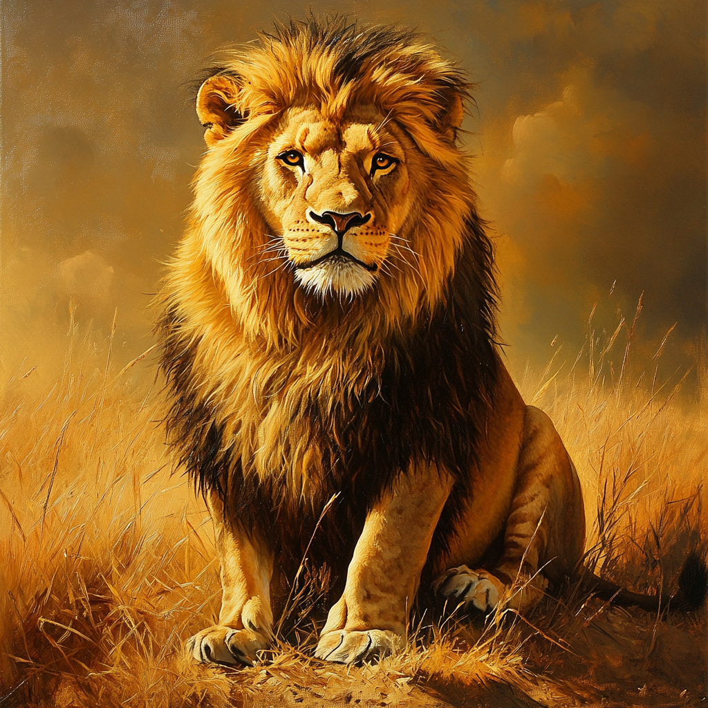 Majestic Asiatic Lion in Dry Grassland Forest: Artwork Painting