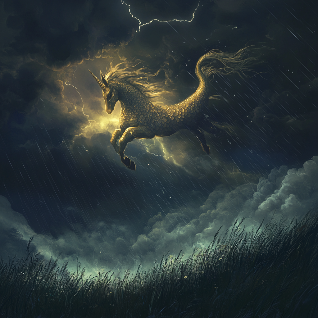 Majestic Capricorn emerges from storm in mystical sky scene.