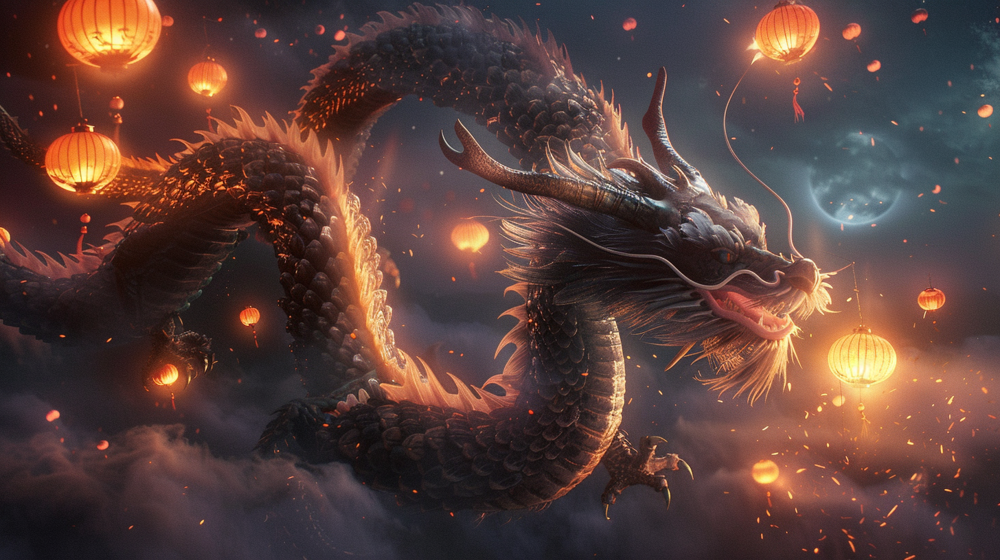 Majestic Chinese Dragon Soaring Through Night Sky