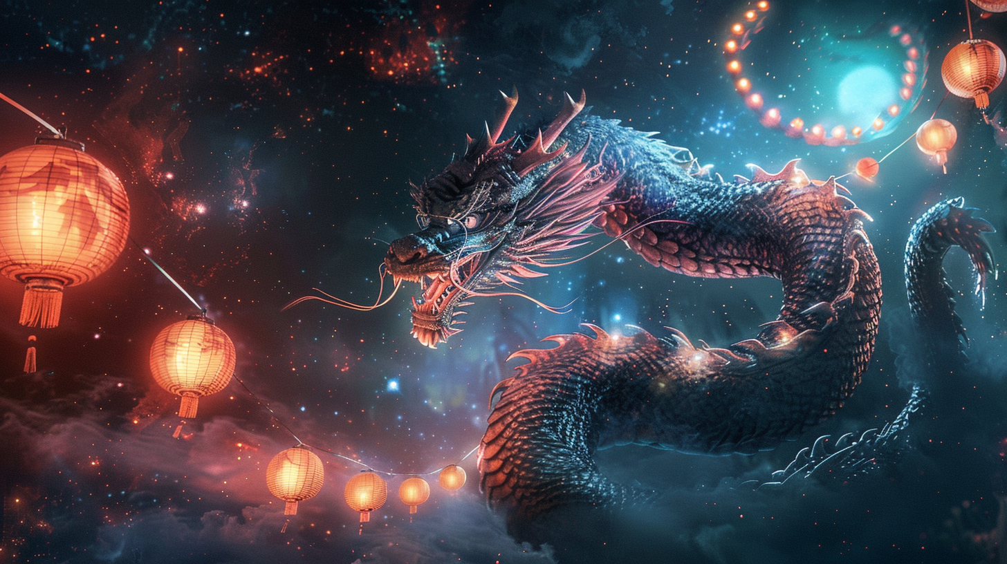 Majestic Chinese Dragon in Night Sky with Lanterns