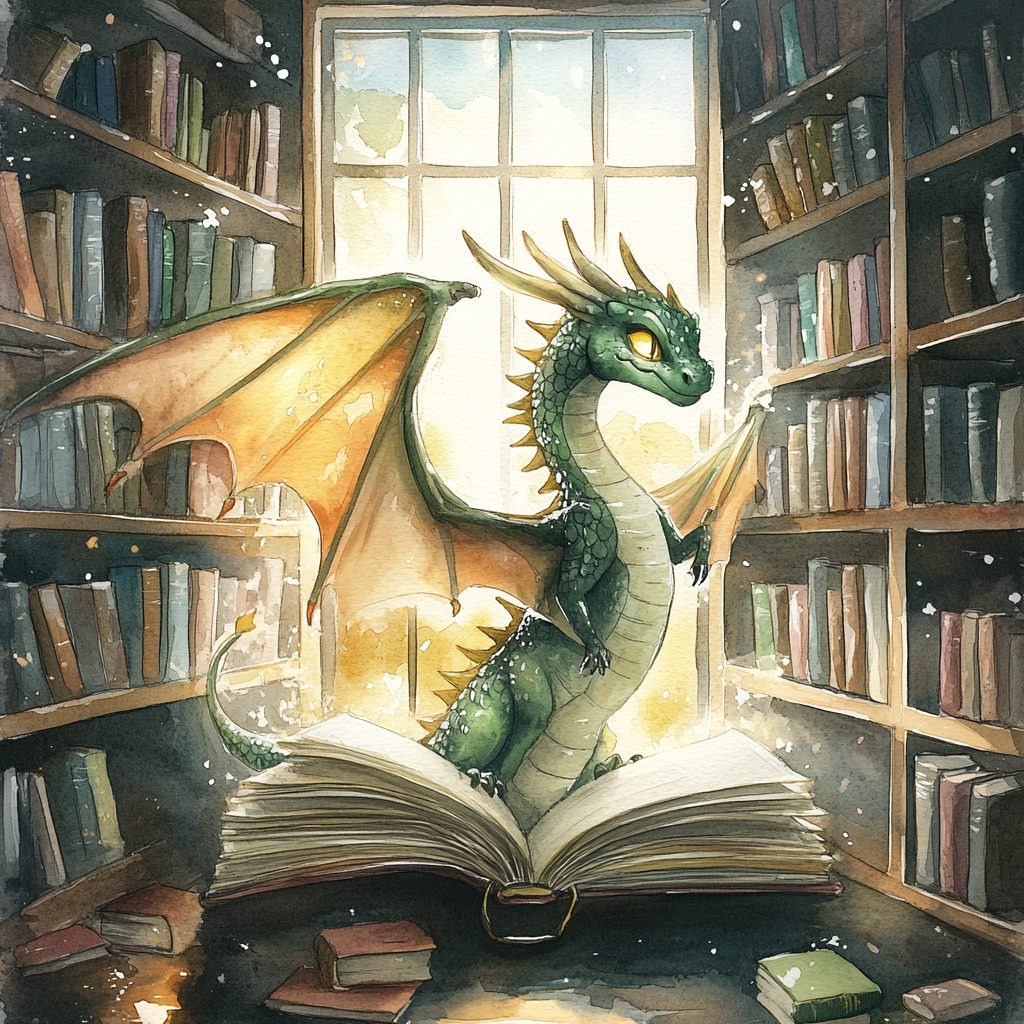 Majestic Dragon Emerging from Storybook in Cozy Library